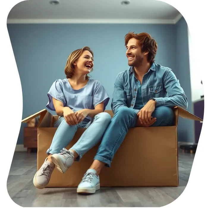 Two guys sitting on the floor of their apartment with Muval moving boxes